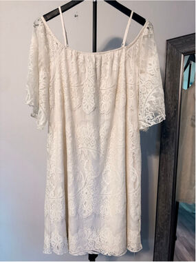 J Gee White Lace Cold Shoulder Mini Dress Adjustable Straps Boho Cottagecore M
